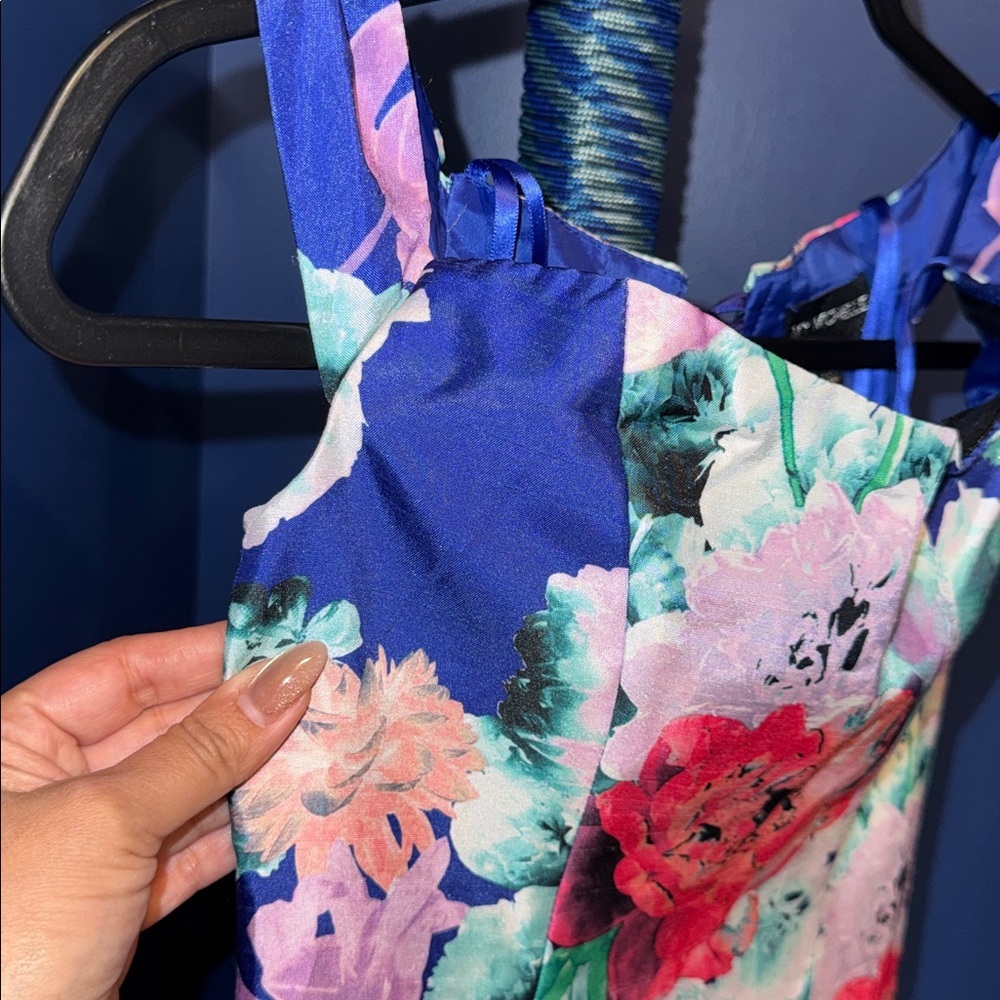 My Michelle- NWT Off the Shoulder Blue Floral Mermaid Gown Size 0 - Picture 5 of 14